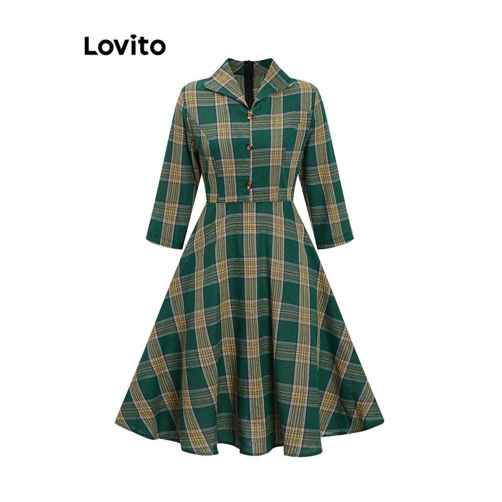 Lovito Vestido casual xadrez colorblock com botões para mulheres LNL69034