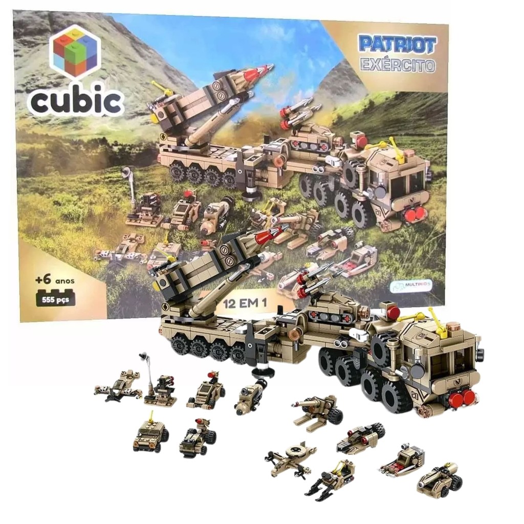 Brinquedo Blocos de Montar Cubic City 12 em 1 Patriot Exército 555 Peças Multikids - BR1096