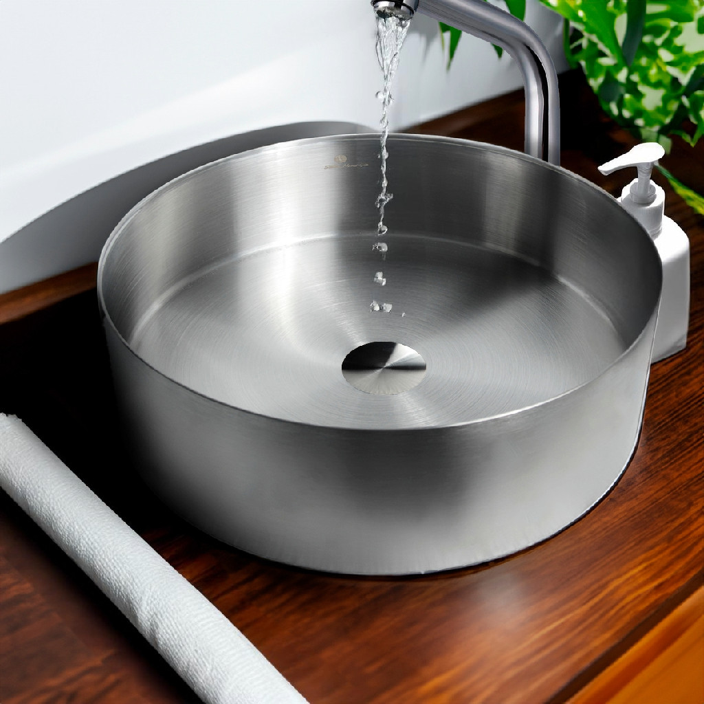 Cuba Banheiro Redonda Sobrepor Aço Inox 304 Escovada Ralo Válvula Click