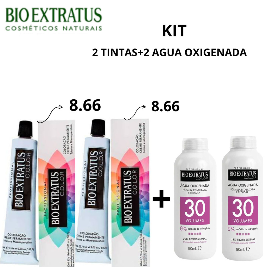 KIT BIO EXTRATUS 2 TINTAS 8.66 + 2 ÁGUAS OXIGENADA 30 VOLUMES