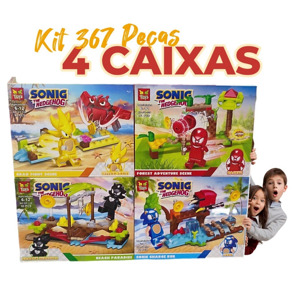 Kit 4 Caixas Blocos de Montar Minifiguras Brinquedo Aventura Boneco Sonic Tails Knuckles Amy Aventura