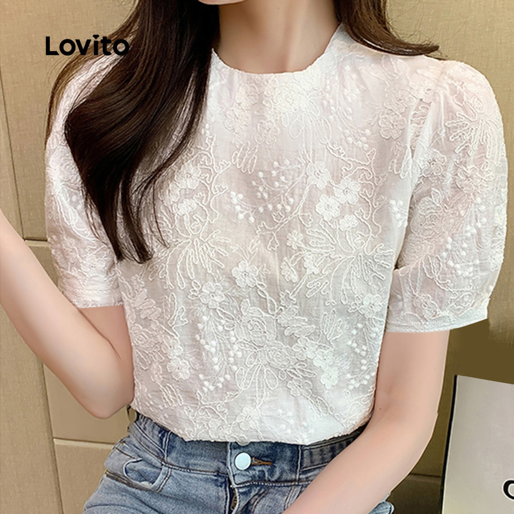 (Trendy) Lovito Blusa Boho com Bordado em Tule e Jacquard Primavera/verão Branca para mulheres L138ED252 em Oferta na Shopee
