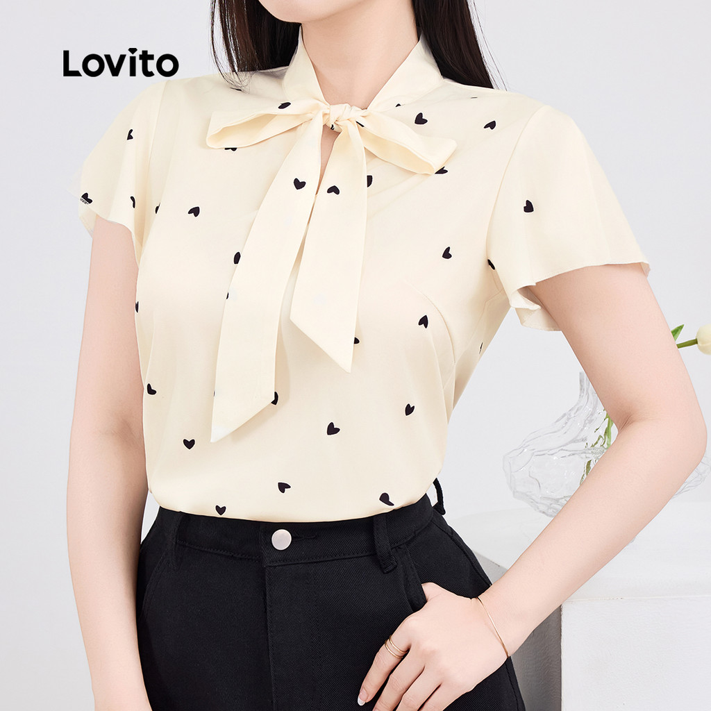 Detalhes do Lovito Blusa Casual de Renda com Laço e Babado para Primavera/verão  Blusa Off White para Mulheres L138AD1198