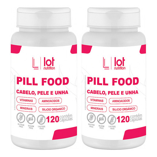 Kit 2 Pill Food 120 Cápsulas Cabelos Unhas Pele Completo Sem Sabor Lot Nutrition