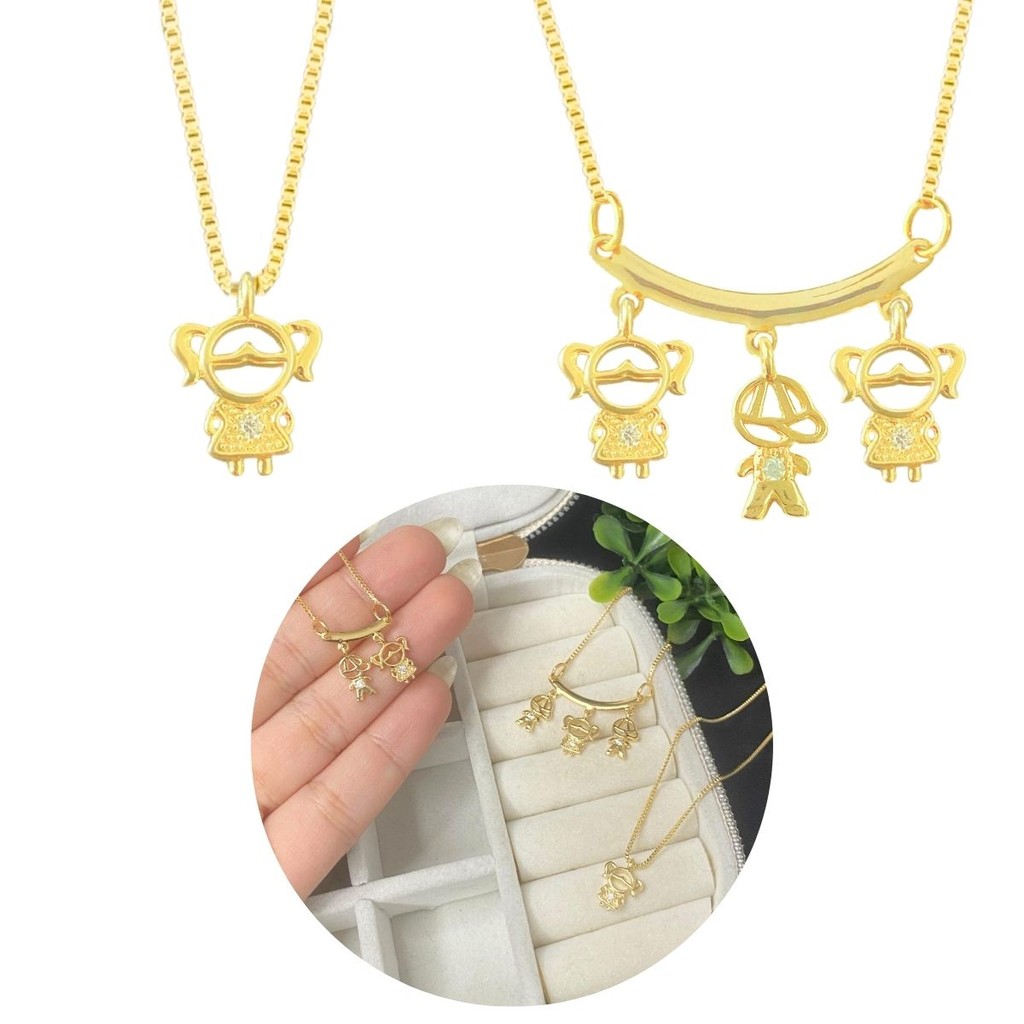 Colar para mãe Dourado coração Filhos banhada menina menino