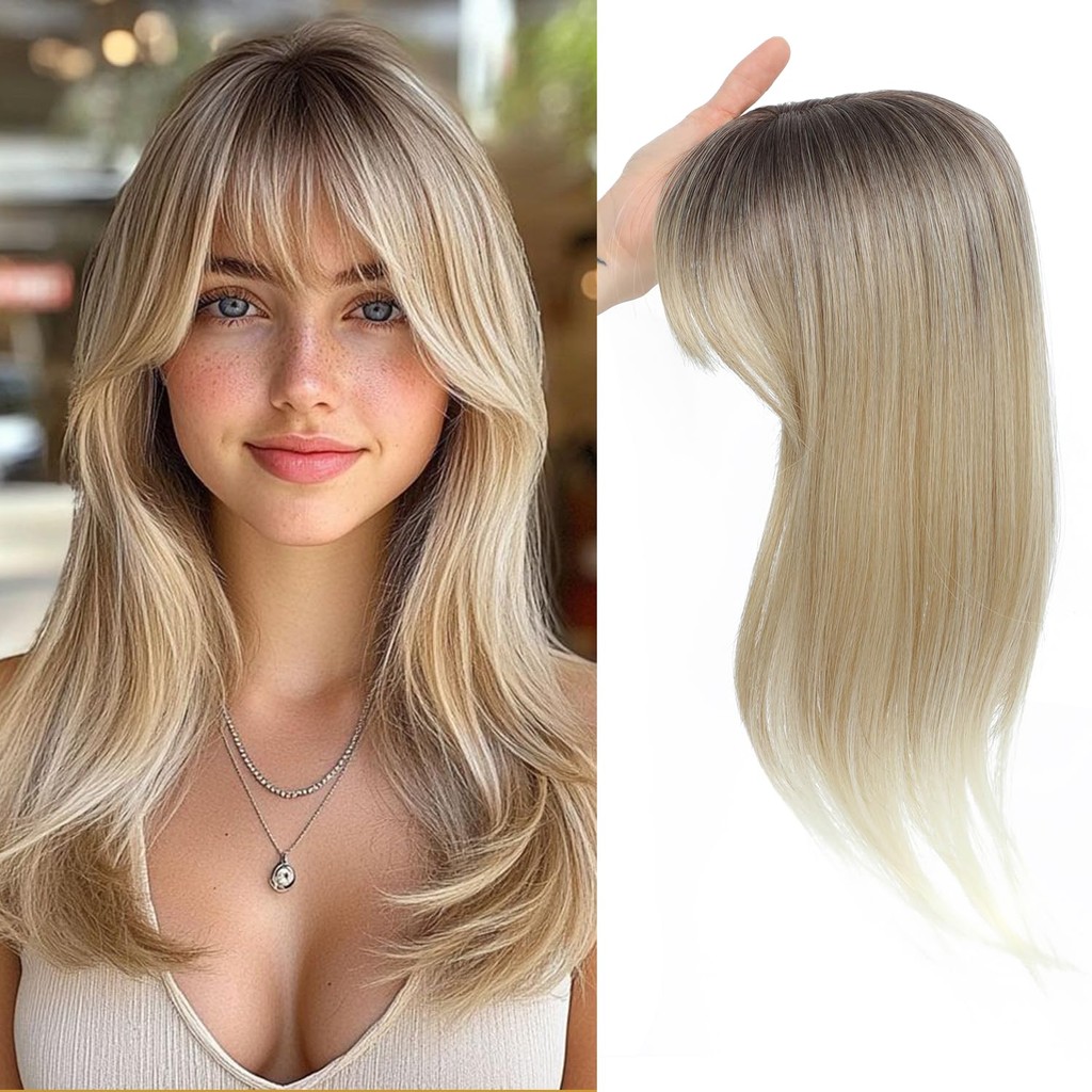 7cm X 11cm Boné Loiro Sintético Cabelo Topper Com Bang Para Mulheres Clipe Na Capa Branco/Balado 45cm