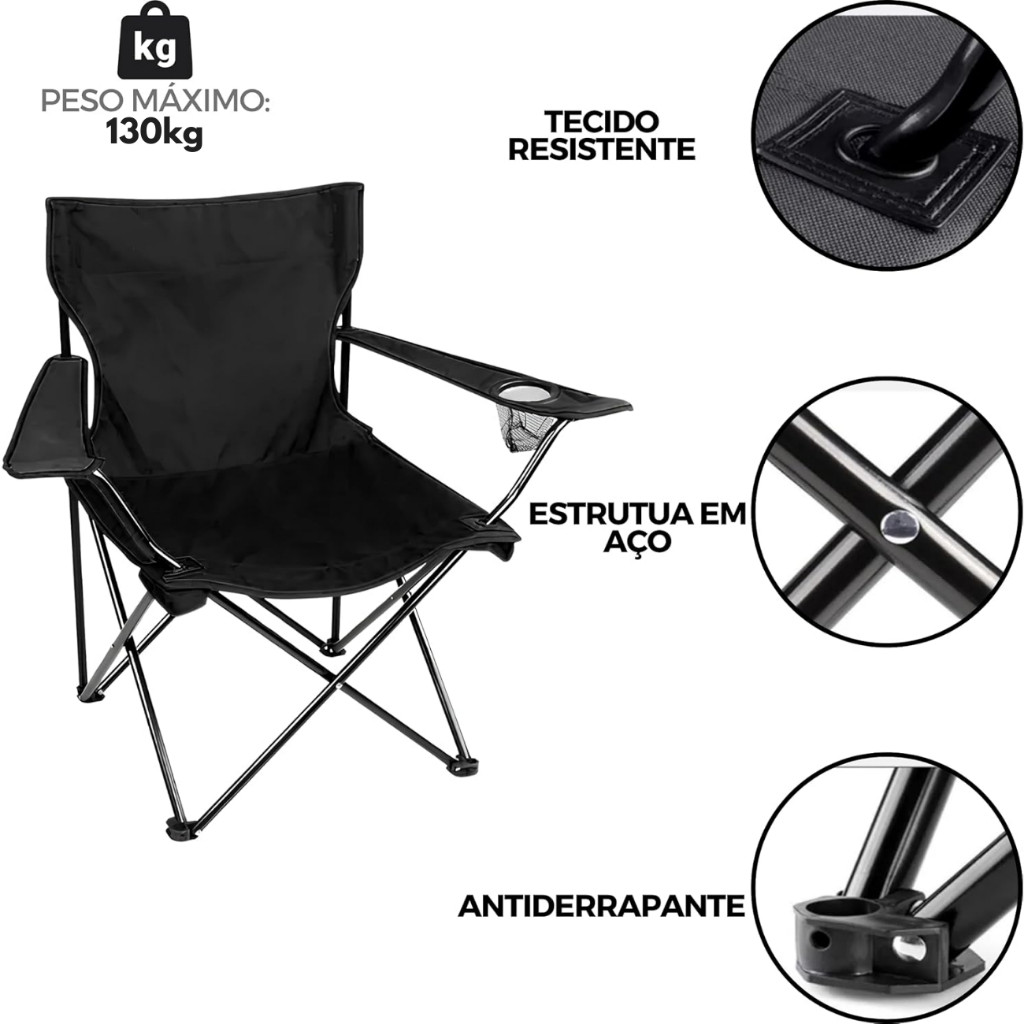 Cadeira Dobrável Camping Portátil Com Apoio De Braço e Porta Copo Suporta 130kg — imagem 2 de 2