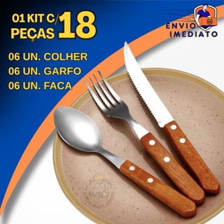 Kit 18 Peças Jogo de Talher 6 Colher 6 Garfo 6 Faca de Inox com Cabo de Madeira Faqueiro Conjunto em Oferta na Shopee