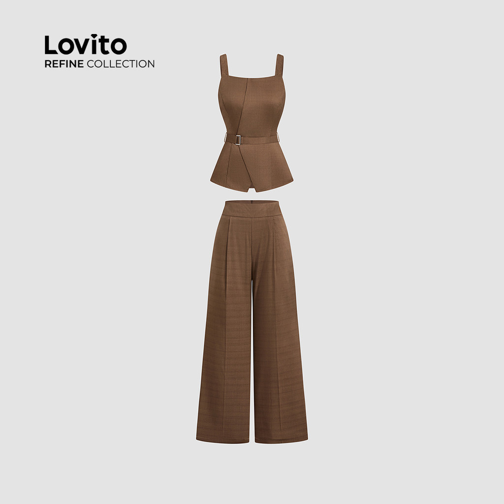 Detalhes do Lovito Refine Conjuntos de Calças Casuais com Pregas Zíper Primavera/Verão Calças de Café LR12E044