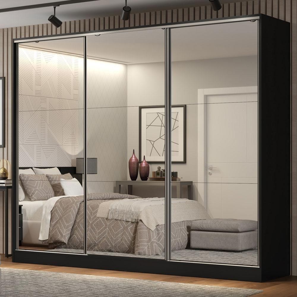 Guarda Roupa Casal 100% MDF Madesa Royale 3 Portas De Correr De Espelho Preto
