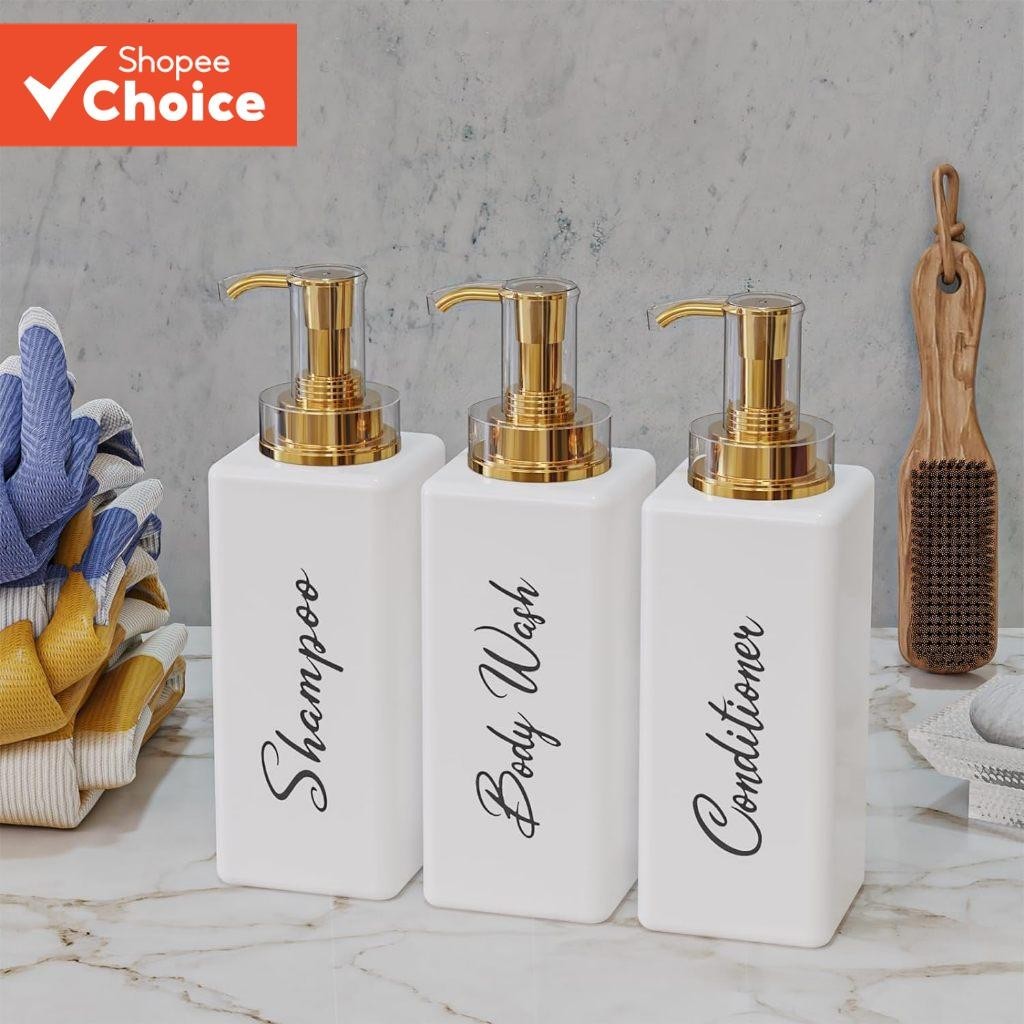 Frasco Refilável 500ml de Shampoo e Condicionador Branco Ouro para Banheiro e Lavagem Corporal