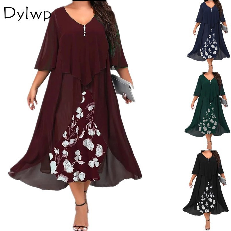 5XL Plus Size Mulheres Vestido Longo Primavera Verão Chiffon Costura Falso Dois Vestidos Irregulares