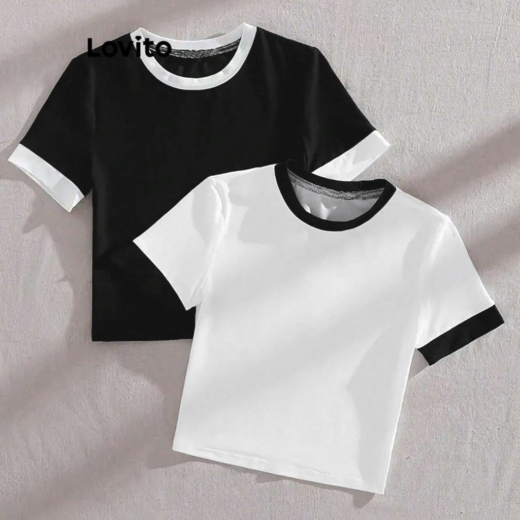(Trendy) Lovito Camiseta Esportiva Lisa Com Encadernação Contrastante Para Mulheres L86ED098 - Women Clothes