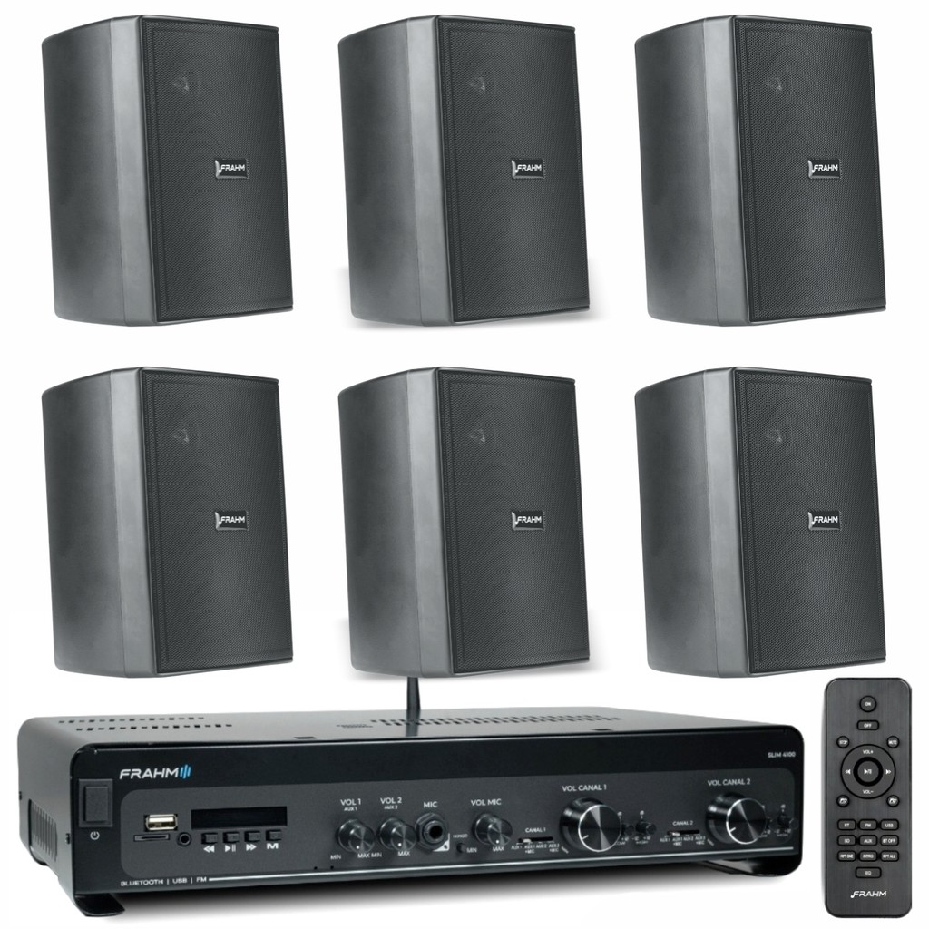 Kit Frahm Amplificador Slim 4100 300W 2 Canais + 06 Caixas Acústicas New Passiva PS200 30W Preta