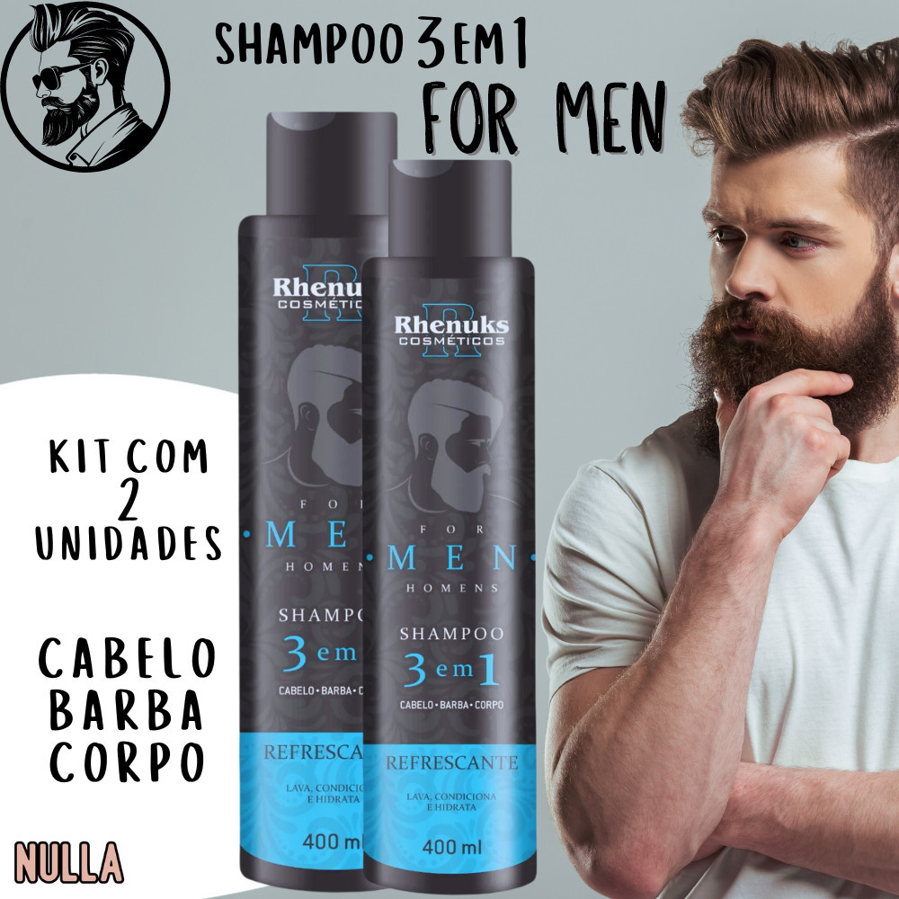KIT 2 unidades Shampoo For Men 3 em 1 para cabelo barba e corpo - lava condiciona hidrata- Rhenuks 400ml Homem