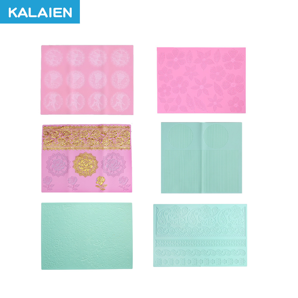 KALAIEN Tapete de Silicone Grande com 6 Padrões de Renda (Flor, Ponto Cruz, Pena) para Decoração de Borda de Bolo DIY, I