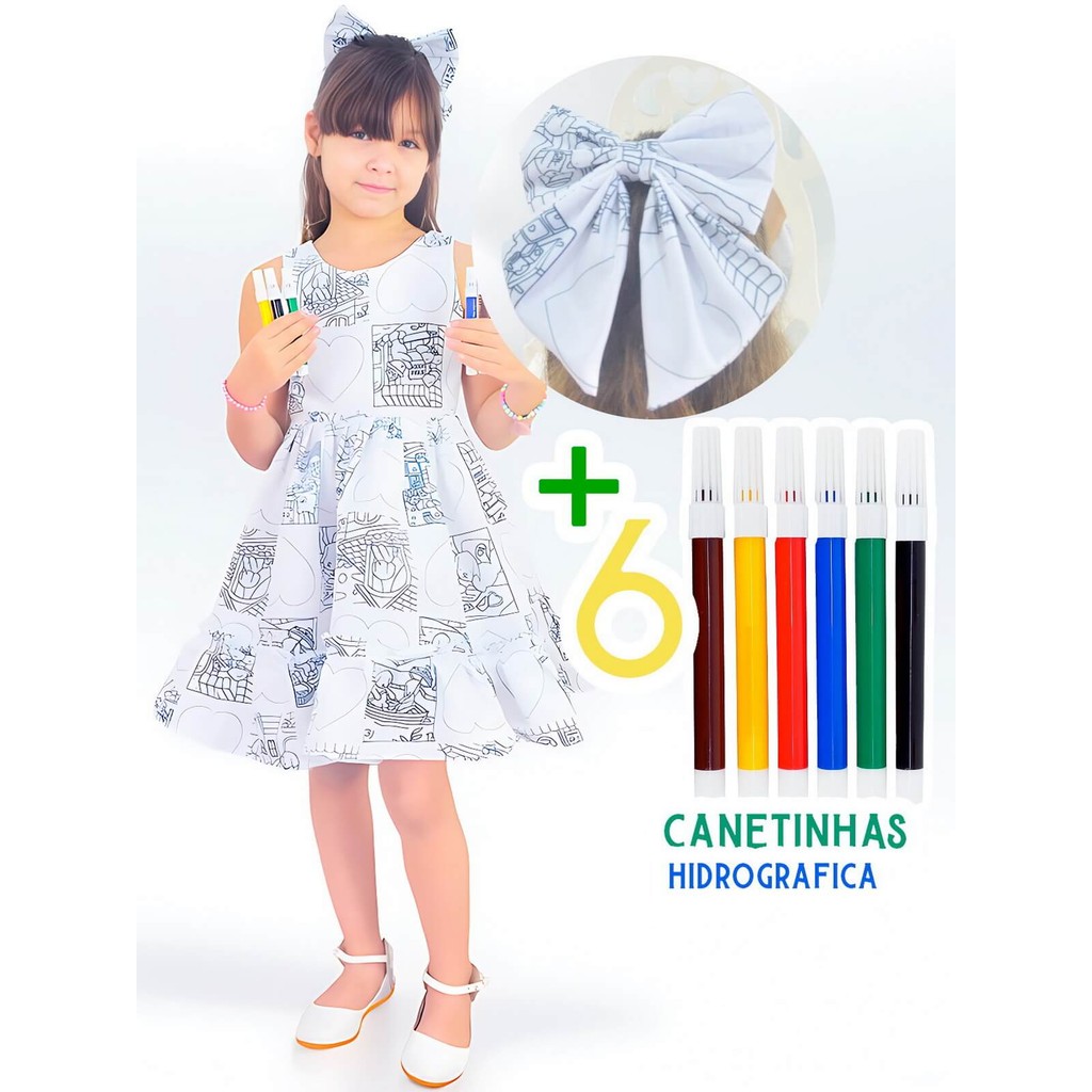 Vestido para Colorir + Enfeite de Cabelo e 6 Canetinhas Hidrografica: Inspirado em Livros de Desenhos