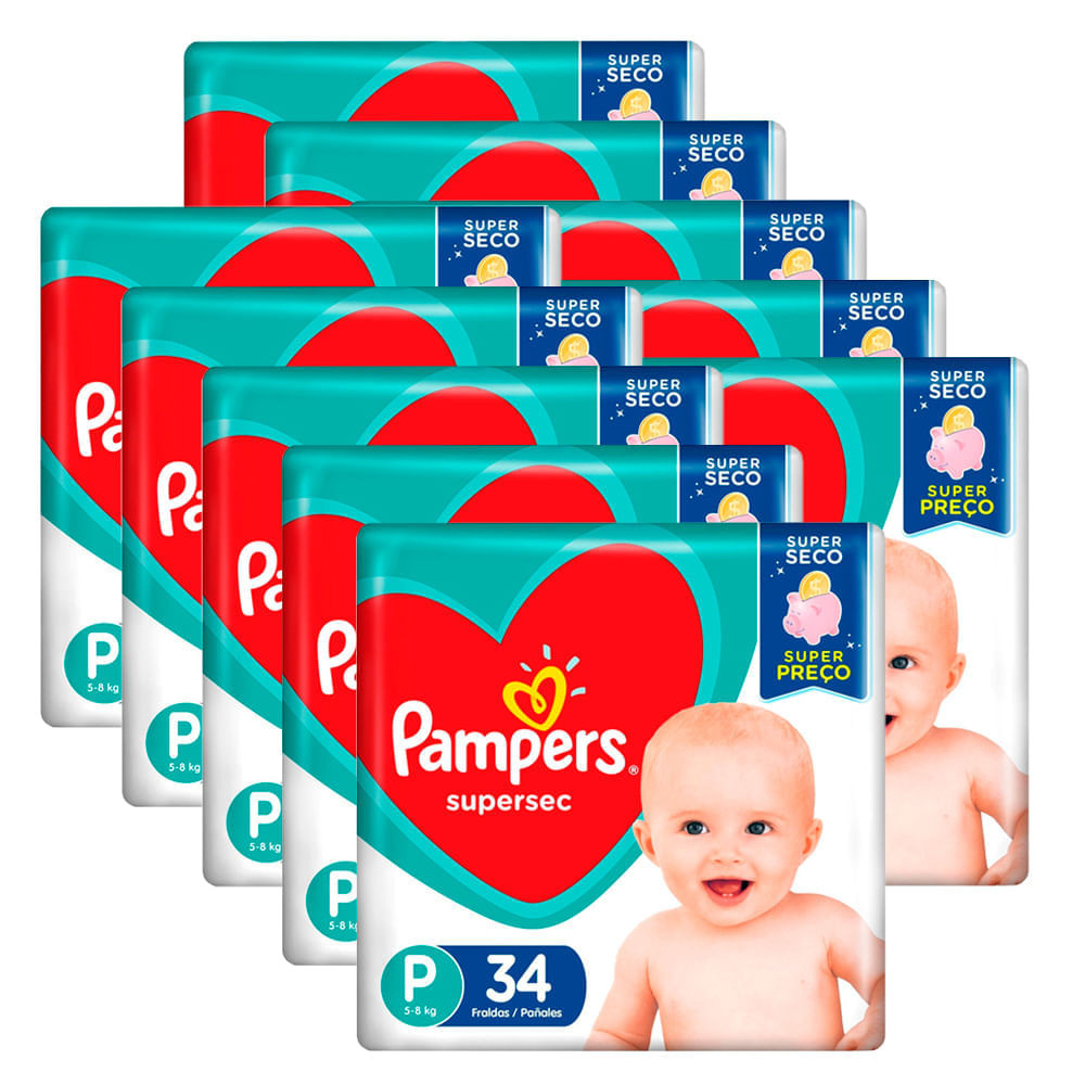 Kit 10 Fraldas Pampers Supersec Pacotão Econômico P - 340 Tiras - Mom & Baby