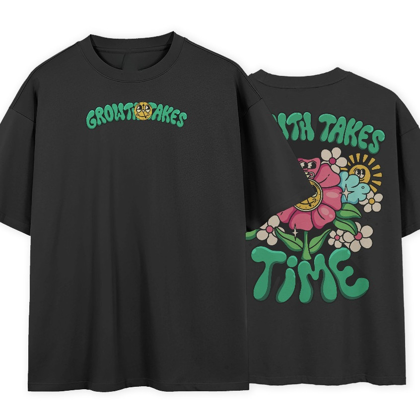 Camiseta Premium em Algodão Puro Camiseta Oversized Growth Takes Time Flowers Estilo Streetwear