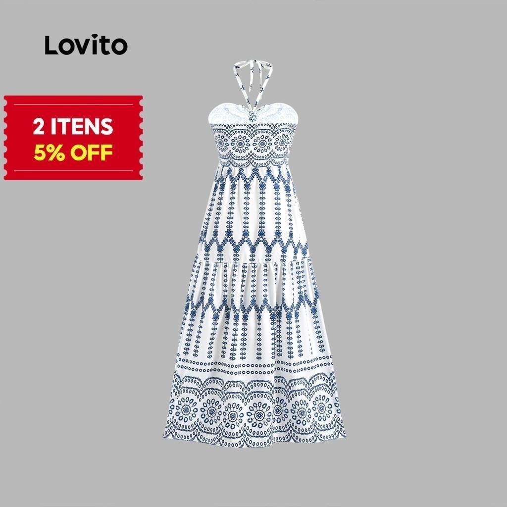(Trendy) Lovito Vestido Boho Geométrico Exagerado Plissado Vestido De Verão/Primavera Para Mulheres L124AD052