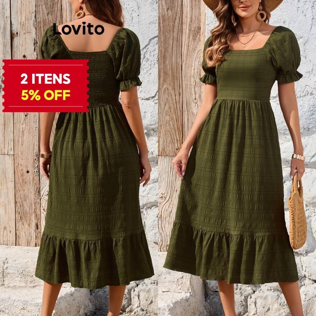 (Trendy) Lovito Vestido Boho liso com bainha em camadas e mangas bufantes para mulheres LBL19072 - Women Clothes