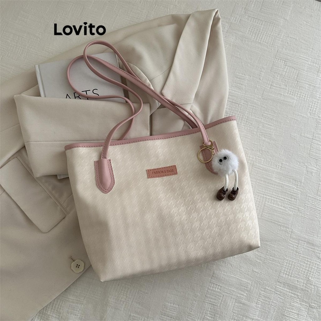 (Trendy) Lovito Bolsa De Ombro Casual Bolsa De Estrutura Lisa Bolsa De Ombro Remendada Para Mulheres LFA43710 em Oferta na Shopee
