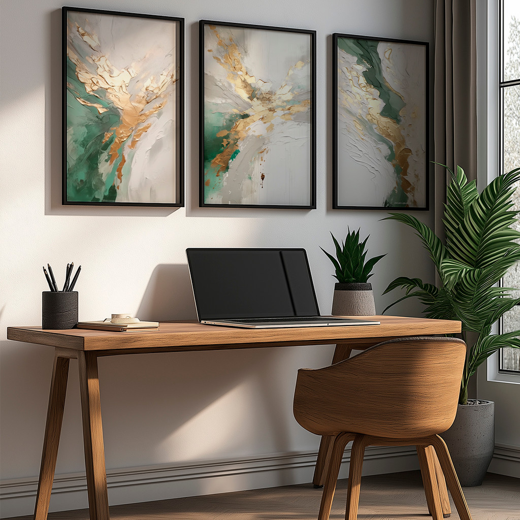 Kit 3 Quadros Decorativo Abstrato Verde Dourado Textura Pintura Sala Sofisticada Moderna Com Moldura em Oferta na Shopee