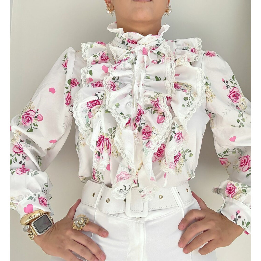 Camisa Babado e Renda em Oferta na Shopee