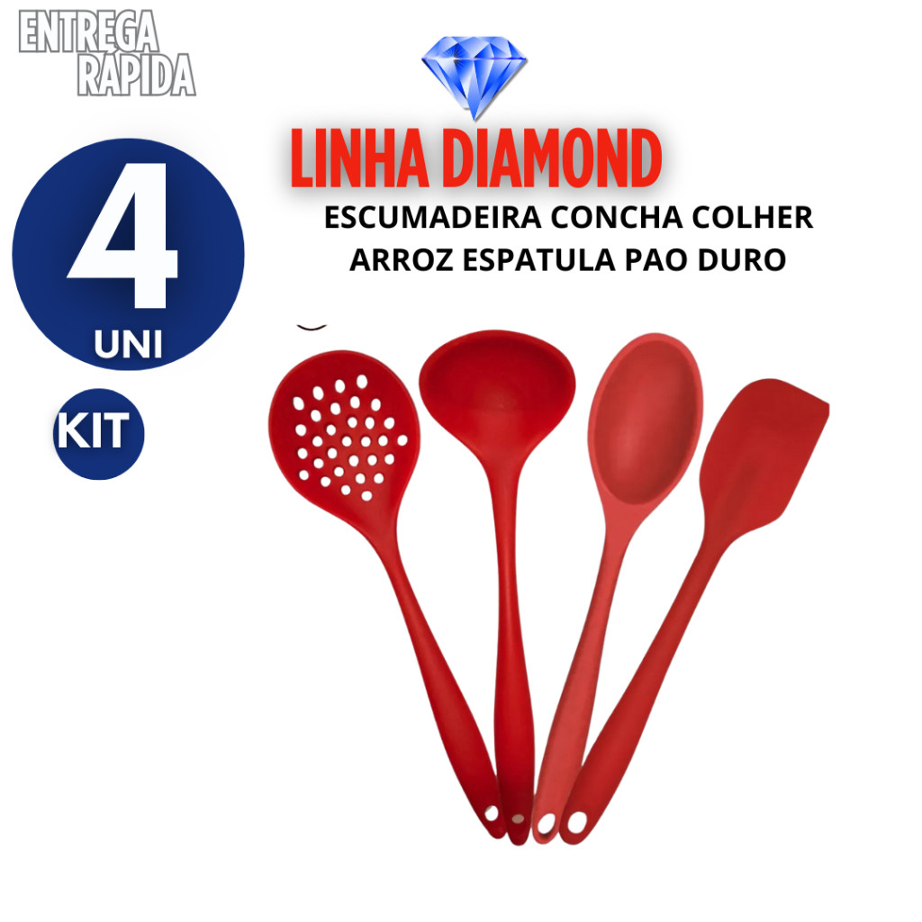 JOGO 4 ESCUMADEIRA CONCHA COLHER DE ARROZ E ESPATULA PAO DURO