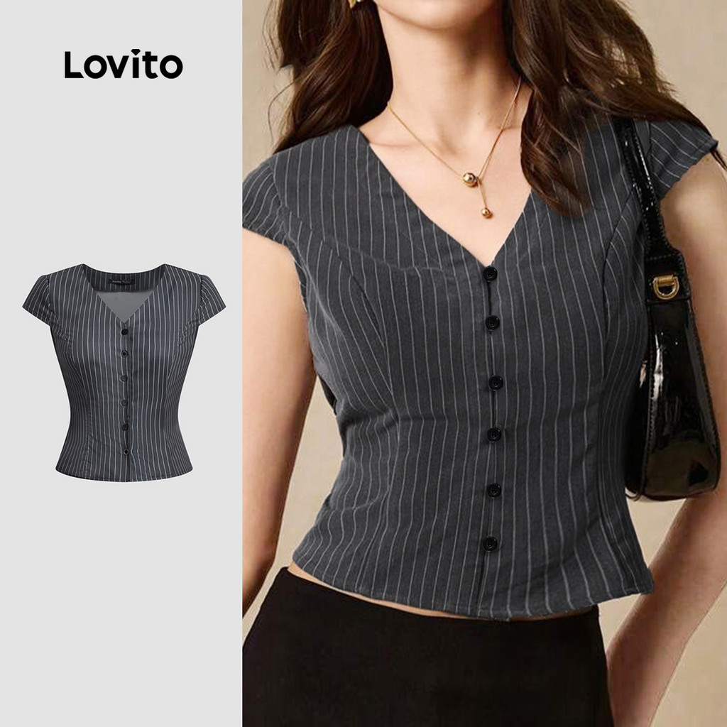 Lovito Blusa Casual com Botões Forrada Lado com Listras Boa Textura Primavera/verão cinza L138AD836 em Oferta na Shopee