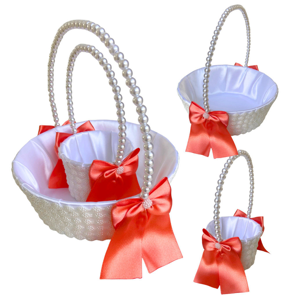 Cesta Daminha Florista + Cesta Alianças Salmão Com Pérolas