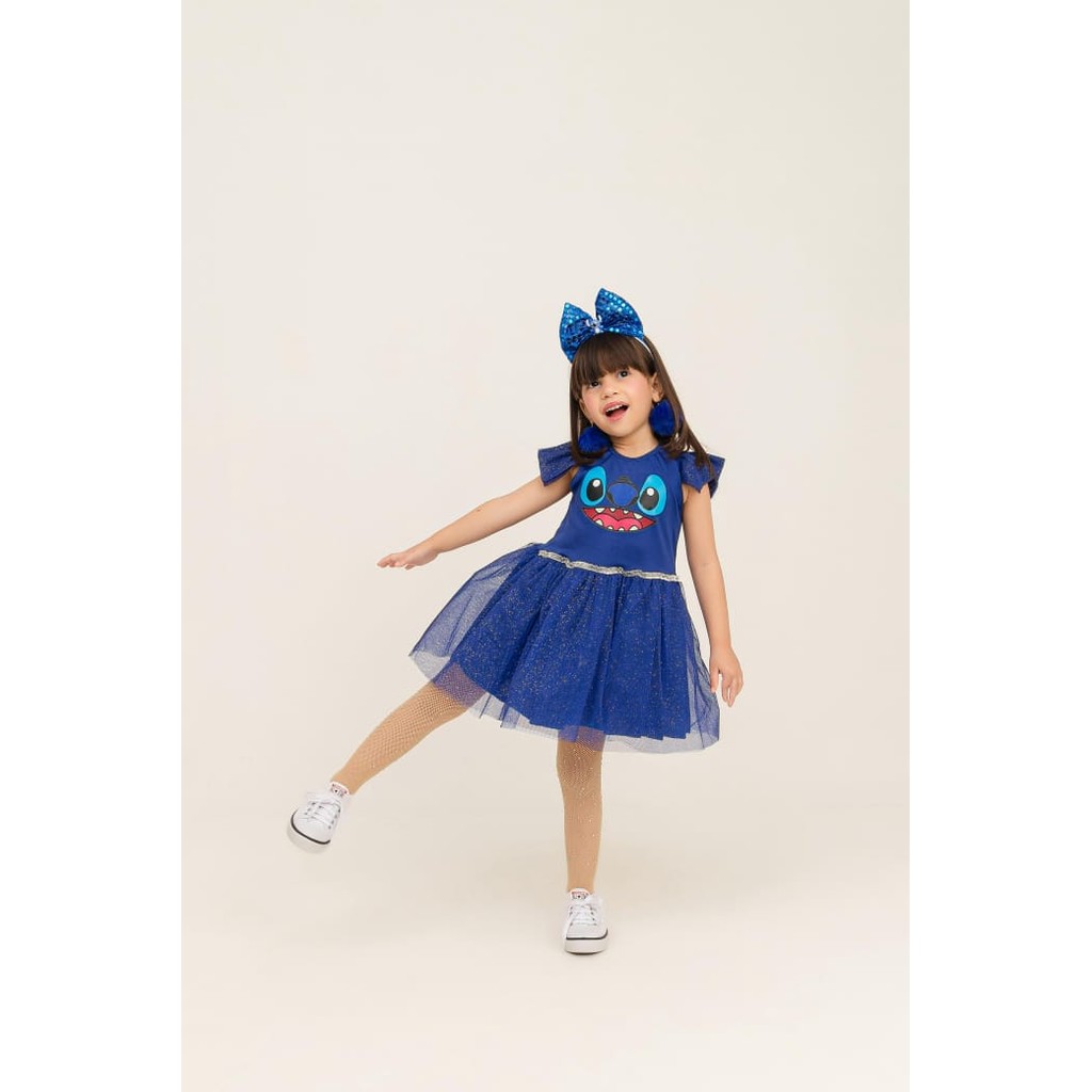 Vestido Infantil Stitch Azul Ciano Luxo Premium Com Tule e Tiara Belíssimo Envio Imediato