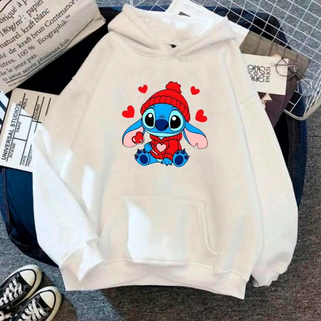Moletom Canguru  Lilo Stitch Ohana Corações Agasalho Casaco Blusa De Frio