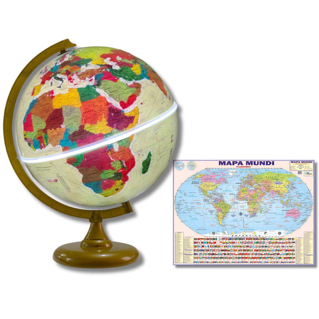 Globo Terrestre Histórico Decorativo Luminoso Ouro Velho 30cm + Mapa Mundi