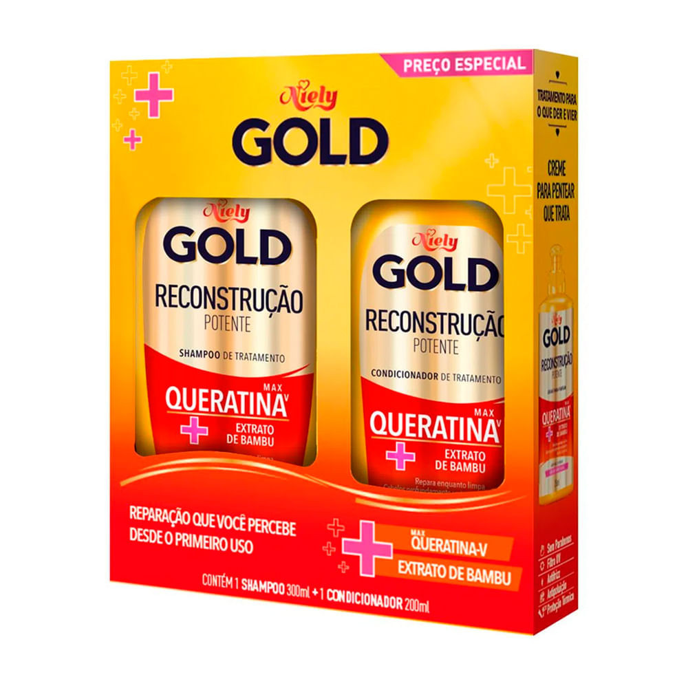 Kit Shampoo Niely Gold Reconstrução Potente Max Queratina-V 275ml + Condicionador 175ml - Beauty
