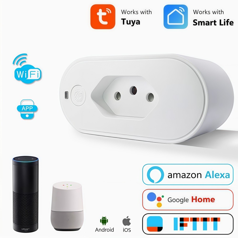 Tomada Inteligente Wi-Fi Tuya,Smart Life App Control,Alexa e Google Home,Adaptador de soquete,16A