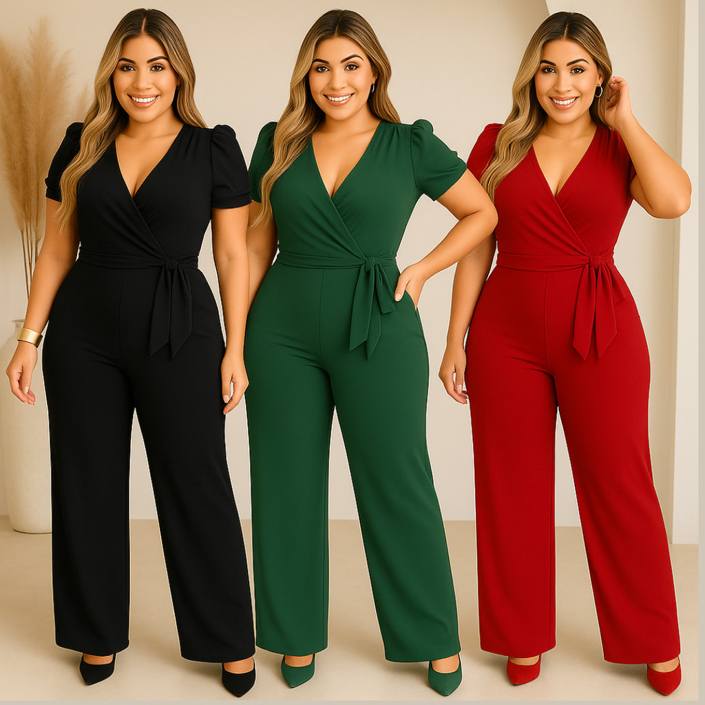 Macacão Feminino Manga Curta Liso Canelado Elastano Decote em V Calça Pantalona Moda Feminina Chique Casual Moderna 2025