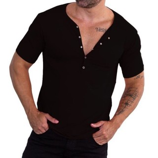 Camisa Henley Masculina Camiseta Viscose Elastano Slim Botão Blusa Manga Curta Confortável Leve