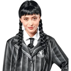 Peruca Wandinha Trançada Preta Com Franja Halloween Cosplay