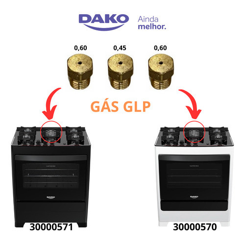 Kit Injetores Glp Queimador Tripla CENTRAL  Fogões Dako Supreme Glass 5 BOCAS