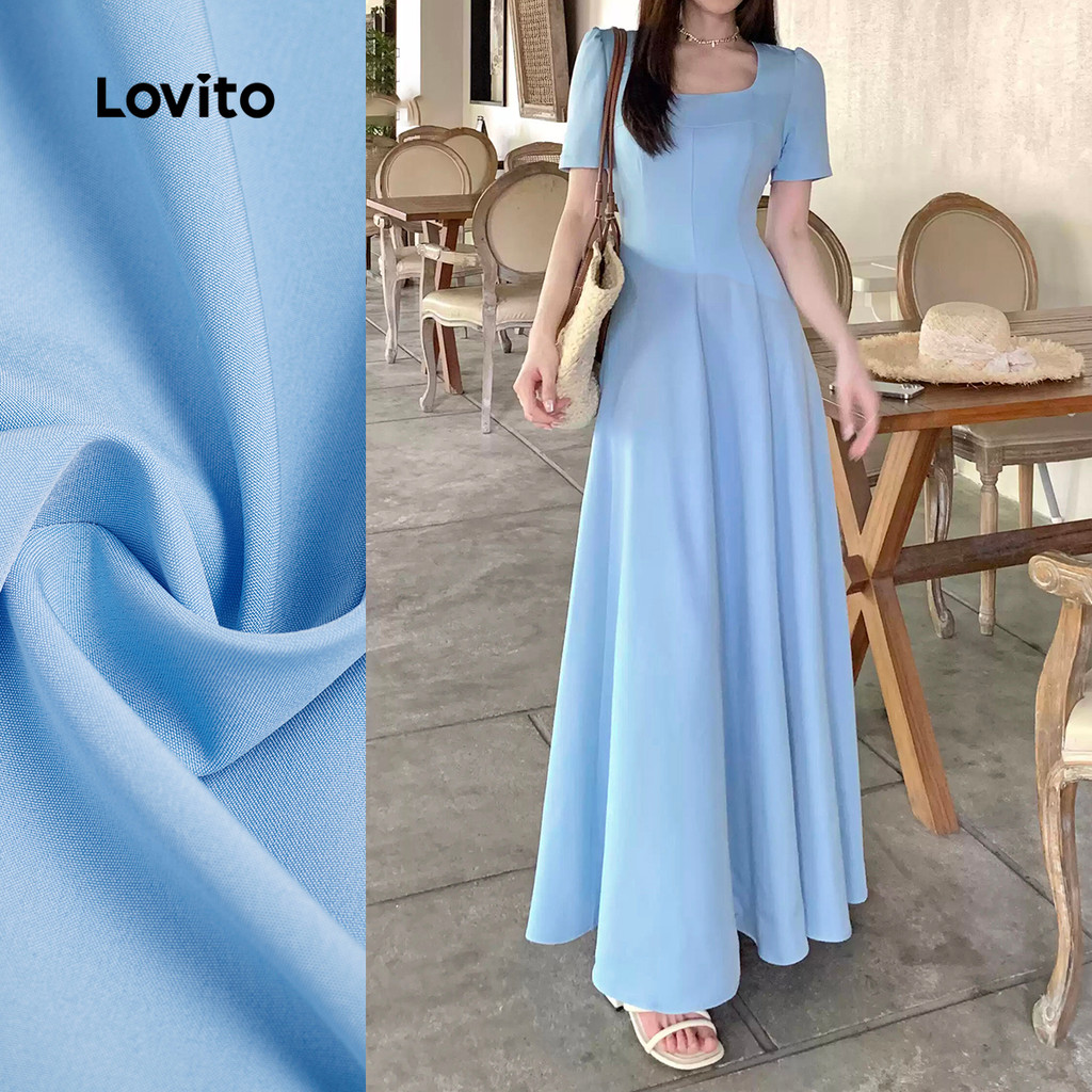 (New) Lovito Vestido Elegante com Zíper para Primavera/verão Vestido Azul para Mulheres L143ED247 em Oferta na Shopee