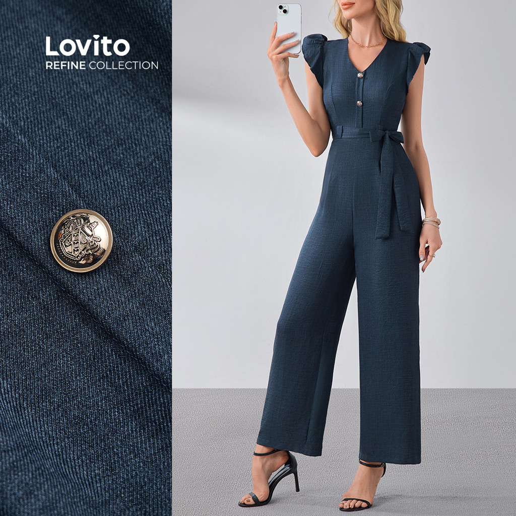 (NEW) (Lovito Refine) Macacão Elegante com Botões  Cinto  para Todas As Estações  Azul marinho  para Mulheres LR13L066 em Oferta na Shopee