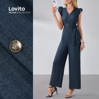 (NEW) (Lovito Refine) Macacão Elegante com Botões  Cinto  para Todas As Estações  Azul marinho  para Mulheres LR13L066 em Oferta na Shopee