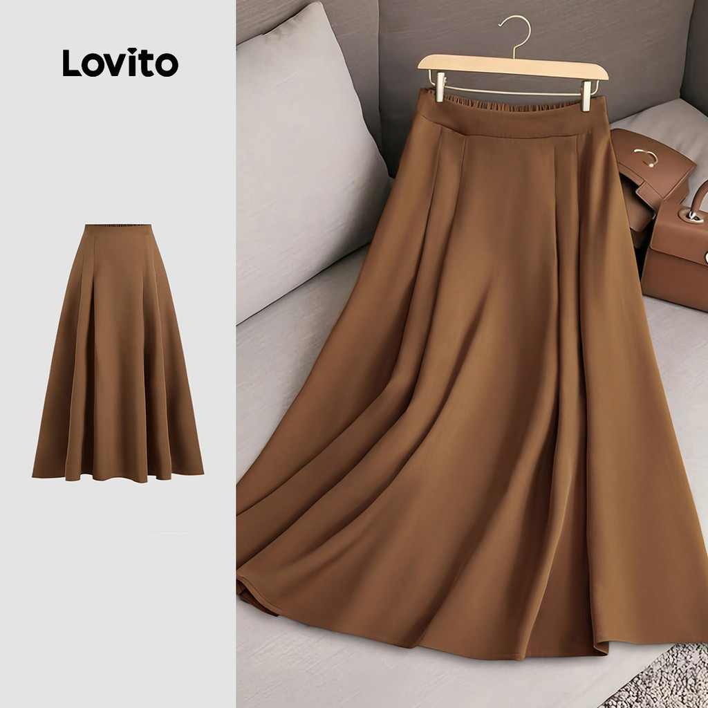 (New) Lovito Saias Elegantes Gamyas para Primavera/verão Saias Caqui para Mulheres L150ED212 em Oferta na Shopee