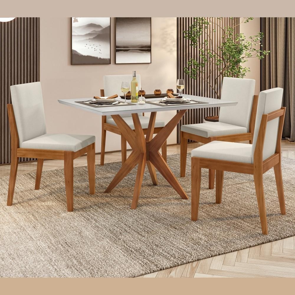 Conjunto Sala de Jantar Mesa Donna com 4 Cadeiras Lady Nesher Madeira Maciça Mel Off White