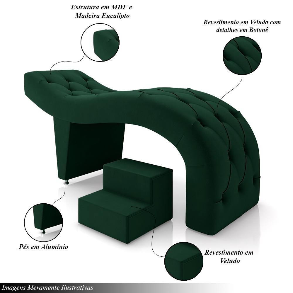 Detalhes do Maca de Estética para Massagem Cílios Fixa Lash Estofada com Escada Veludo Verde G83 - Gran Belo