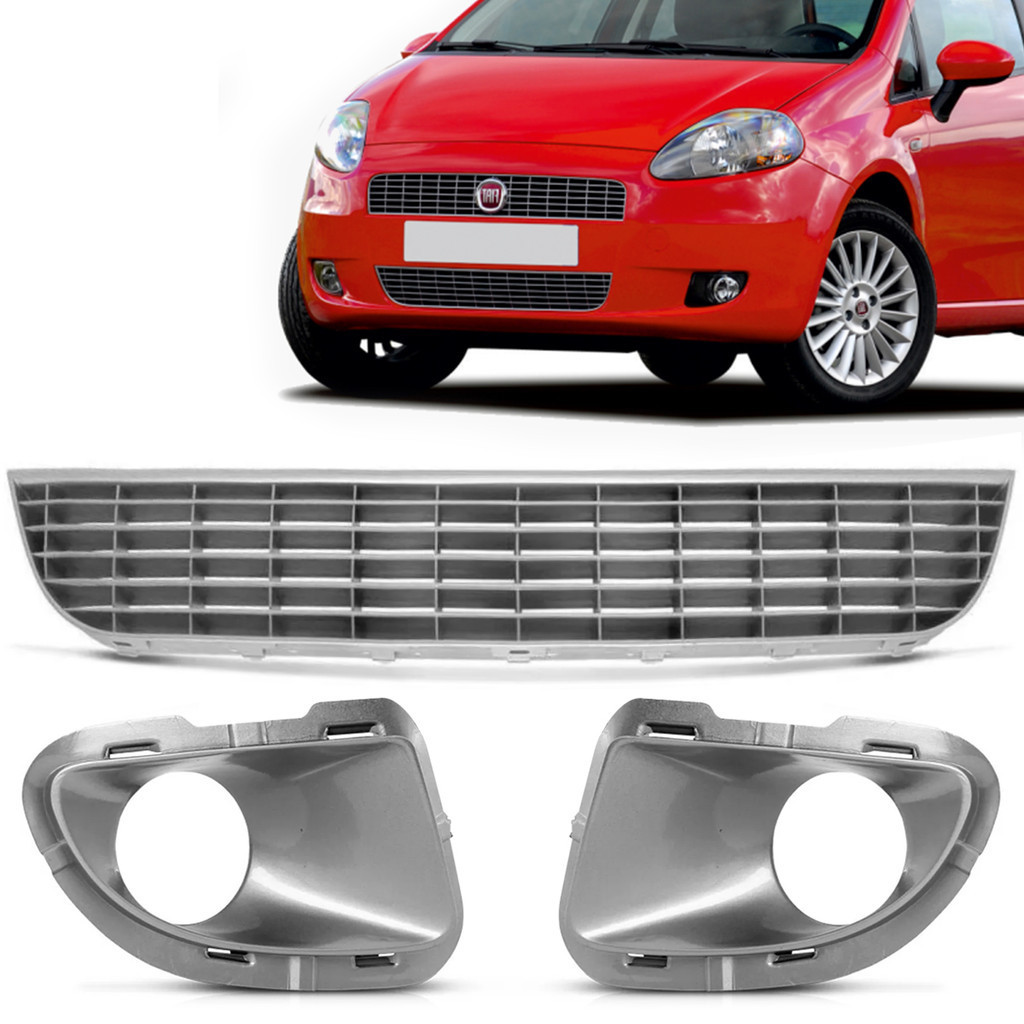 Kit Grade Central Inferior Moldura Farol De Milha Fiat Punto 2007 2008 2009 2010 2011 2012 Prata