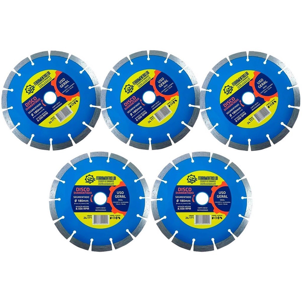 5 Disco Diamantado de Corte 7" 180mm Segmentado Ferramentas LDI P/ Alvenaria Concreto