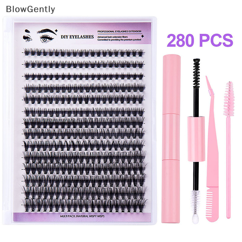 BlowGently DIY Kit De Extensão De Pestanas 280pcs Cluster D Curl Individual , 8-16mm Mix Lash Clusters Com Ligação E Aplicação BG NOVEL