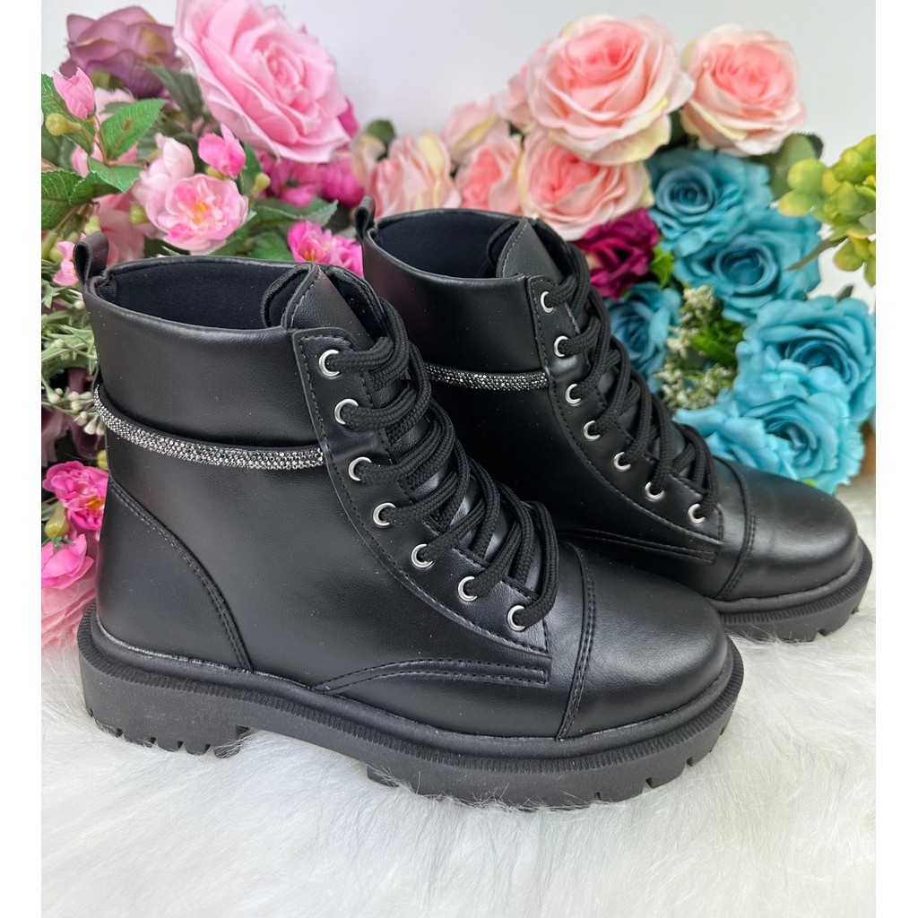 Bota Coturno Ousadia Preta Adulta Strass Feminina Cano Médio Inverno Confortável Casual Social Para Trabalhar Moda Estilo Resistente
